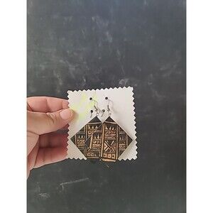 Handpainted Bohemian Wooden Square Shaped Dangling Earrings Vintage NOS